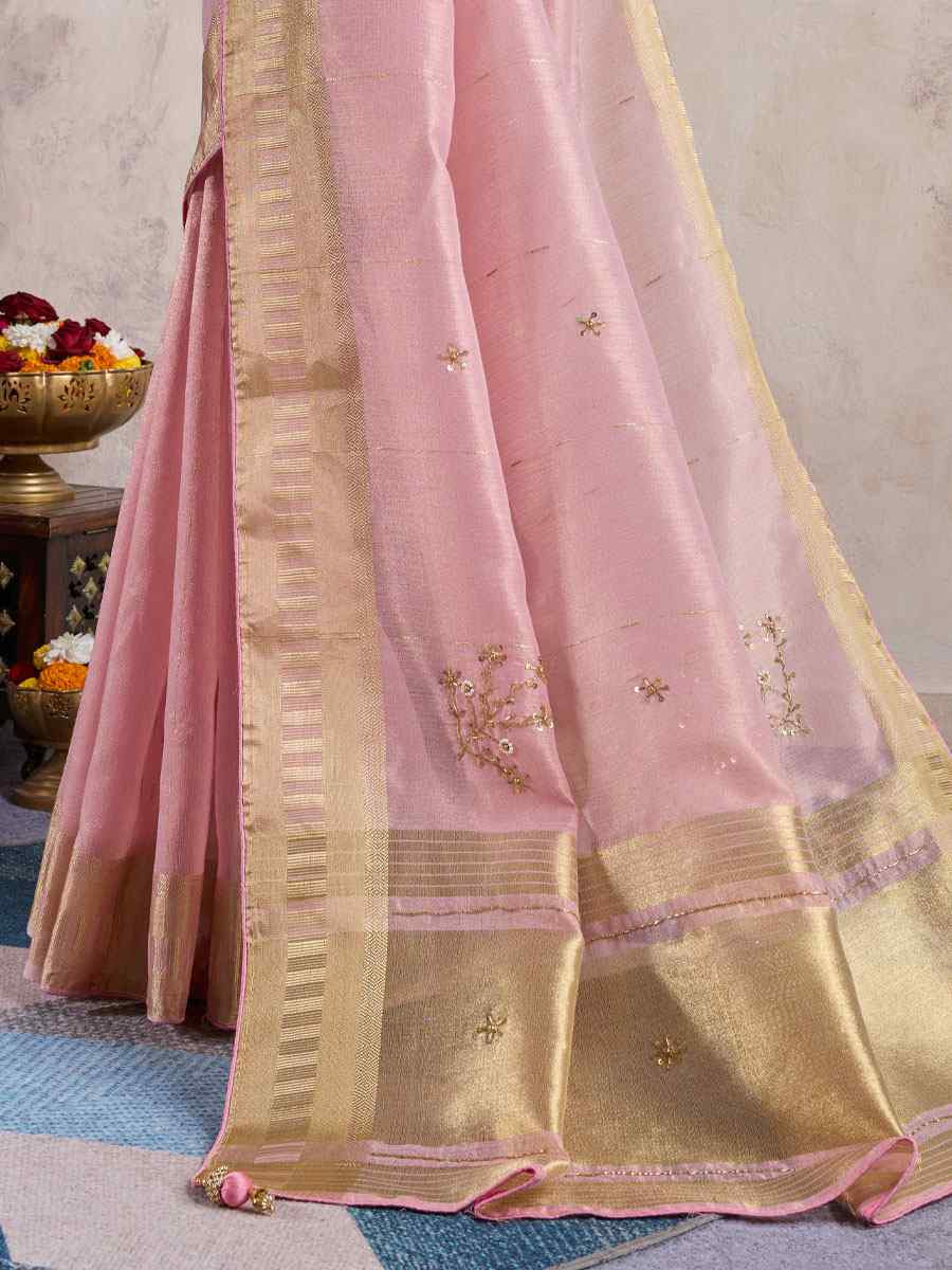Pink Linen Slub Embroidery Casual Reception Festival Wedding Fancy Heavy Border Sarees