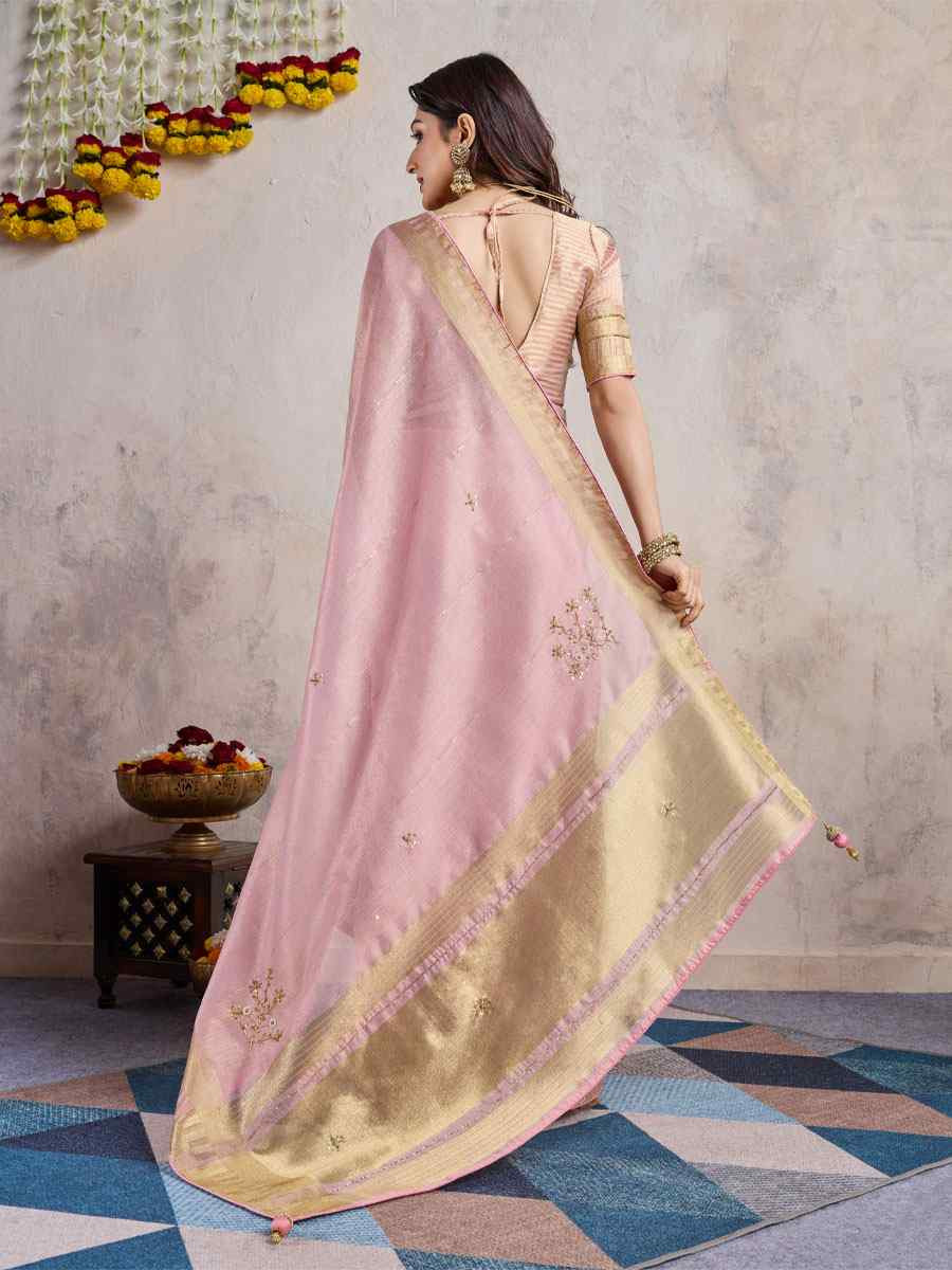 Pink Linen Slub Embroidery Casual Reception Festival Wedding Fancy Heavy Border Sarees