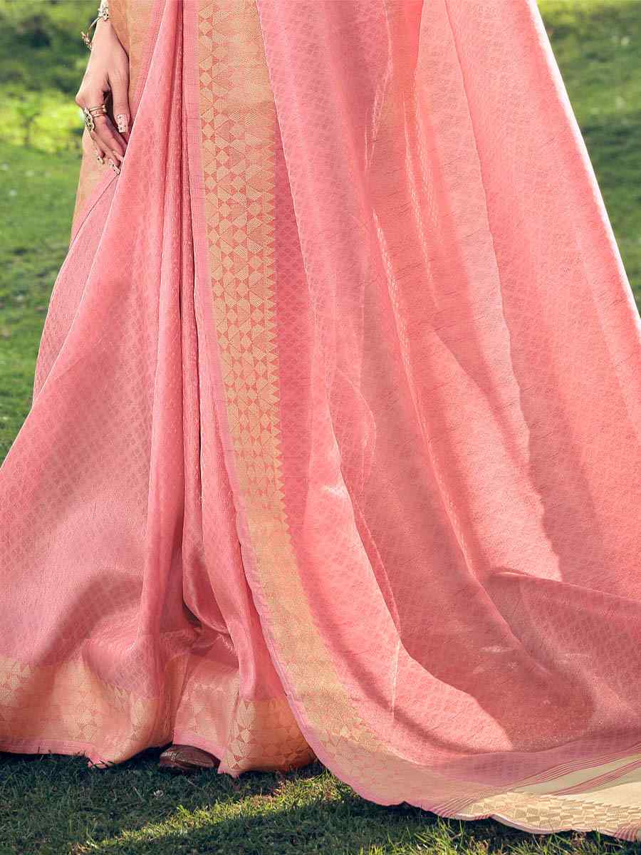 Pink Linen Tissue Handwoven Wedding Festival Heavy Border Saree
