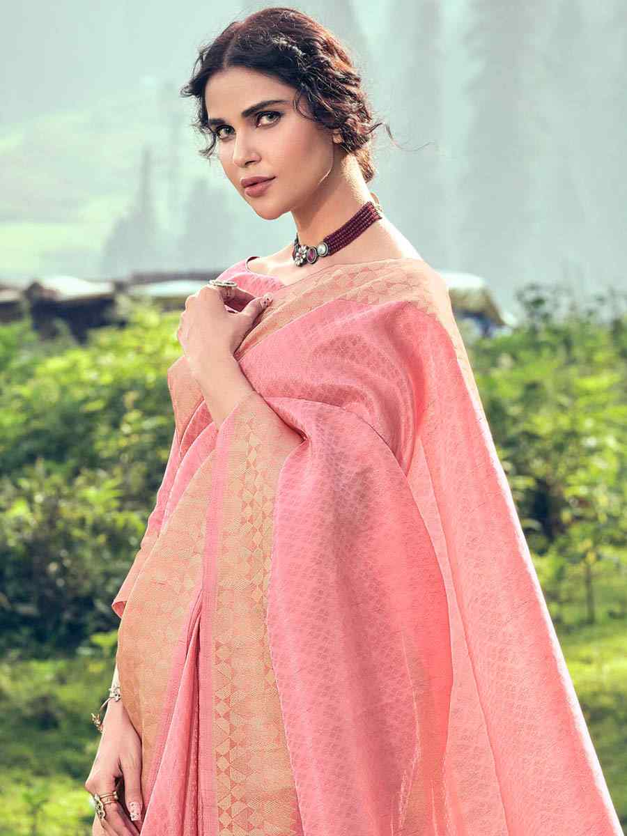 Pink Linen Tissue Handwoven Wedding Festival Heavy Border Saree