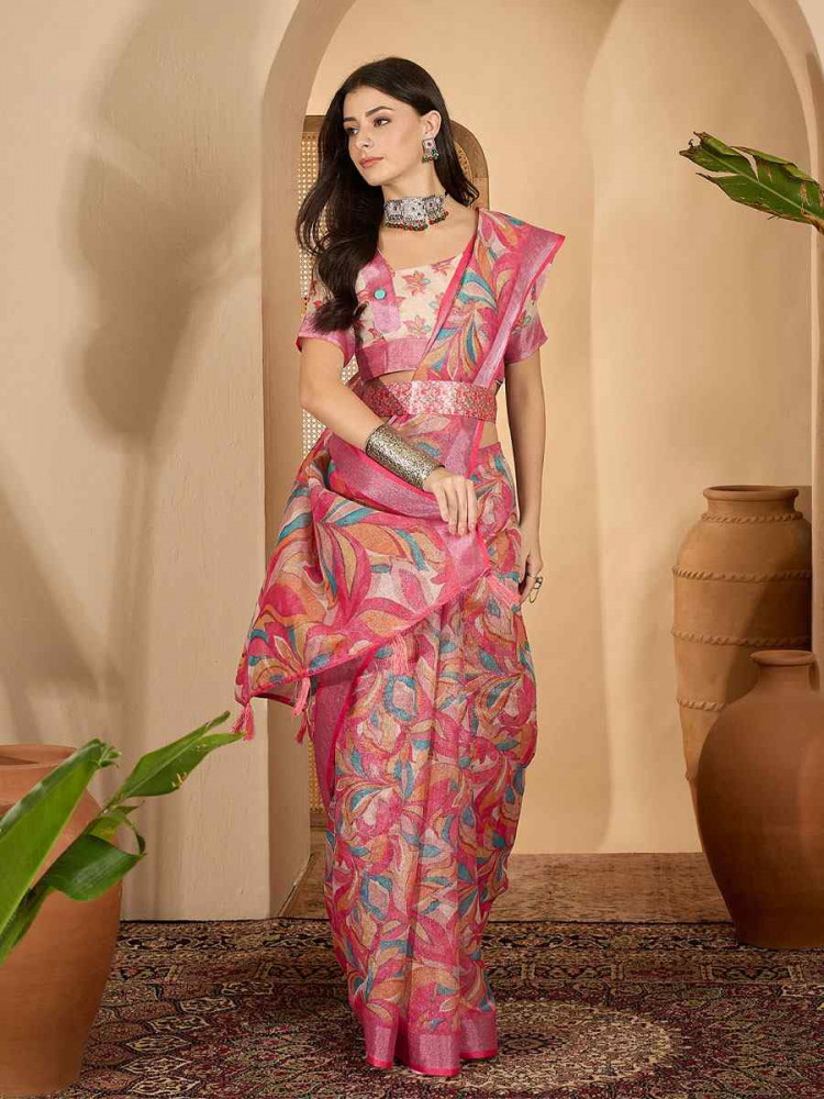 Image of Pink Linen Zari Silver Printed Casual Reception Festival Wedding Fancy Classic Style Sarees
