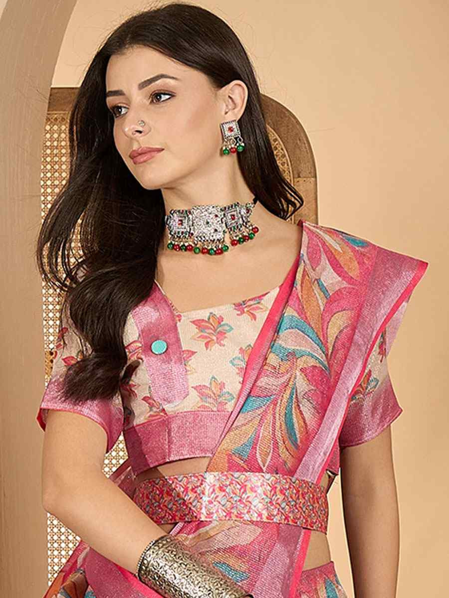 Pink Linen Zari Silver Printed Casual Reception Festival Wedding Fancy Classic Style Sarees