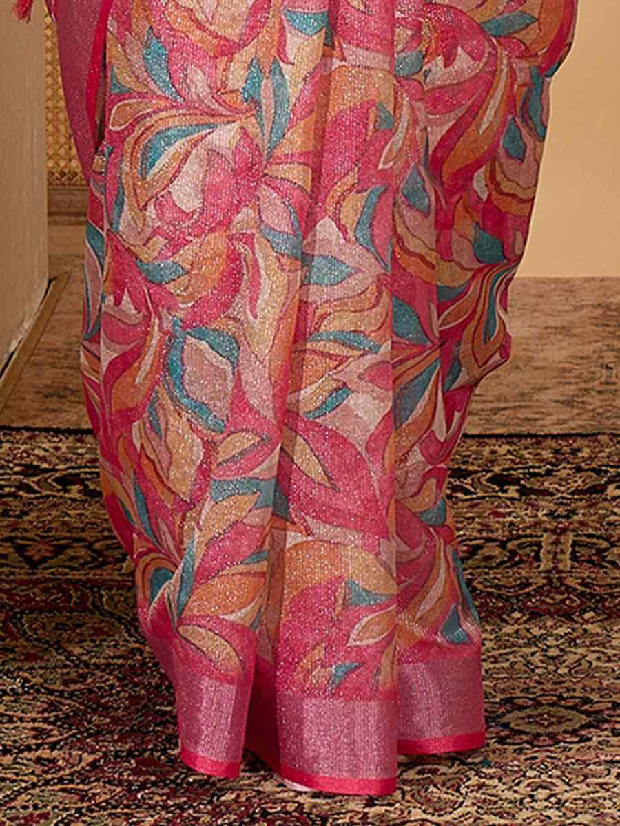 Pink Linen Zari Silver Printed Casual Reception Festival Wedding Fancy Classic Style Sarees
