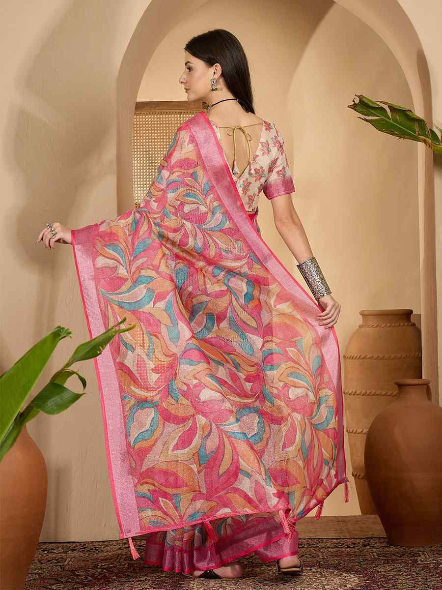 Pink Linen Zari Silver Printed Casual Reception Festival Wedding Fancy Classic Style Sarees