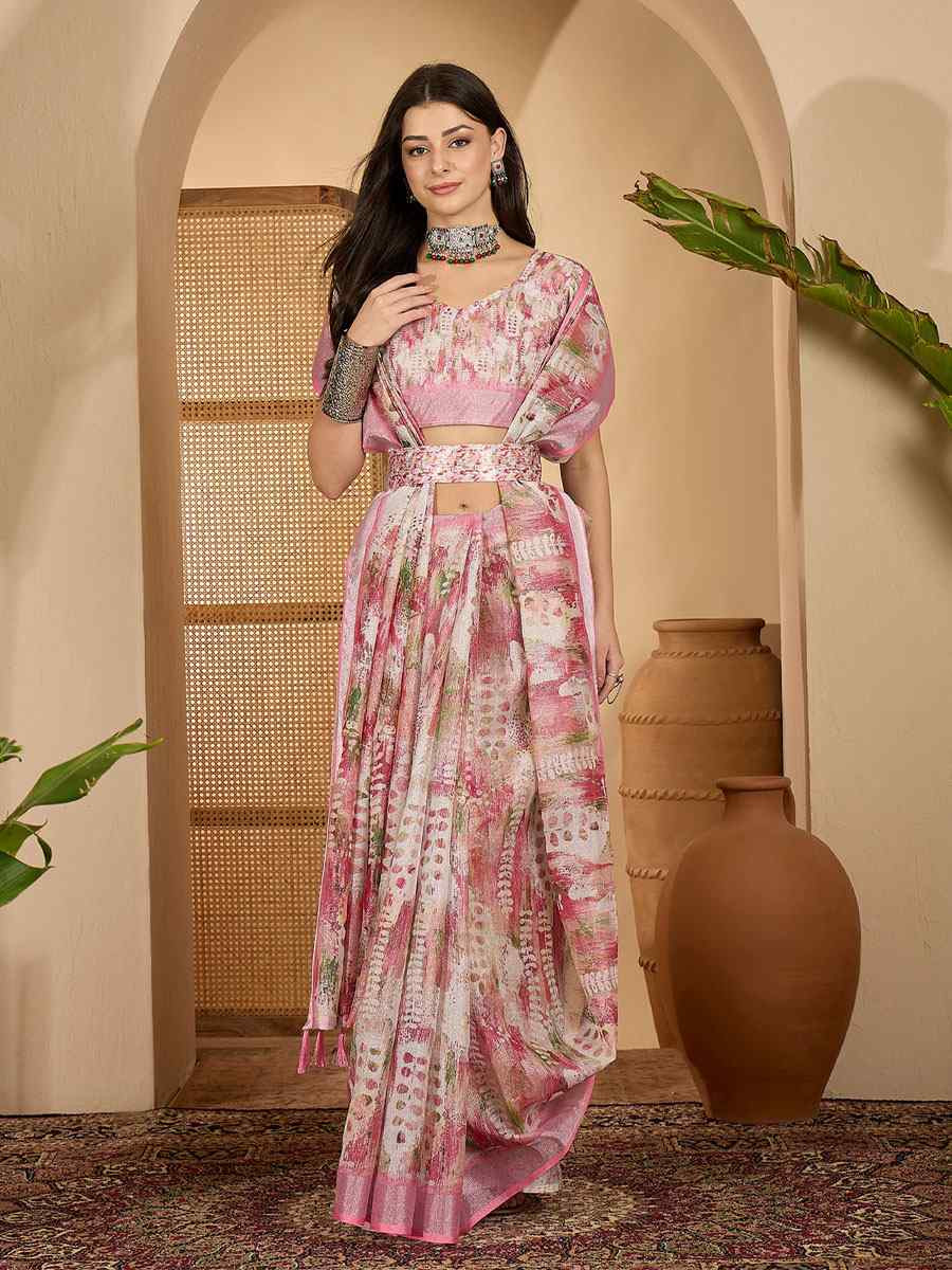 Pink Linen Zari Silver Printed Casual Reception Festival Wedding Fancy Classic Style Sarees
