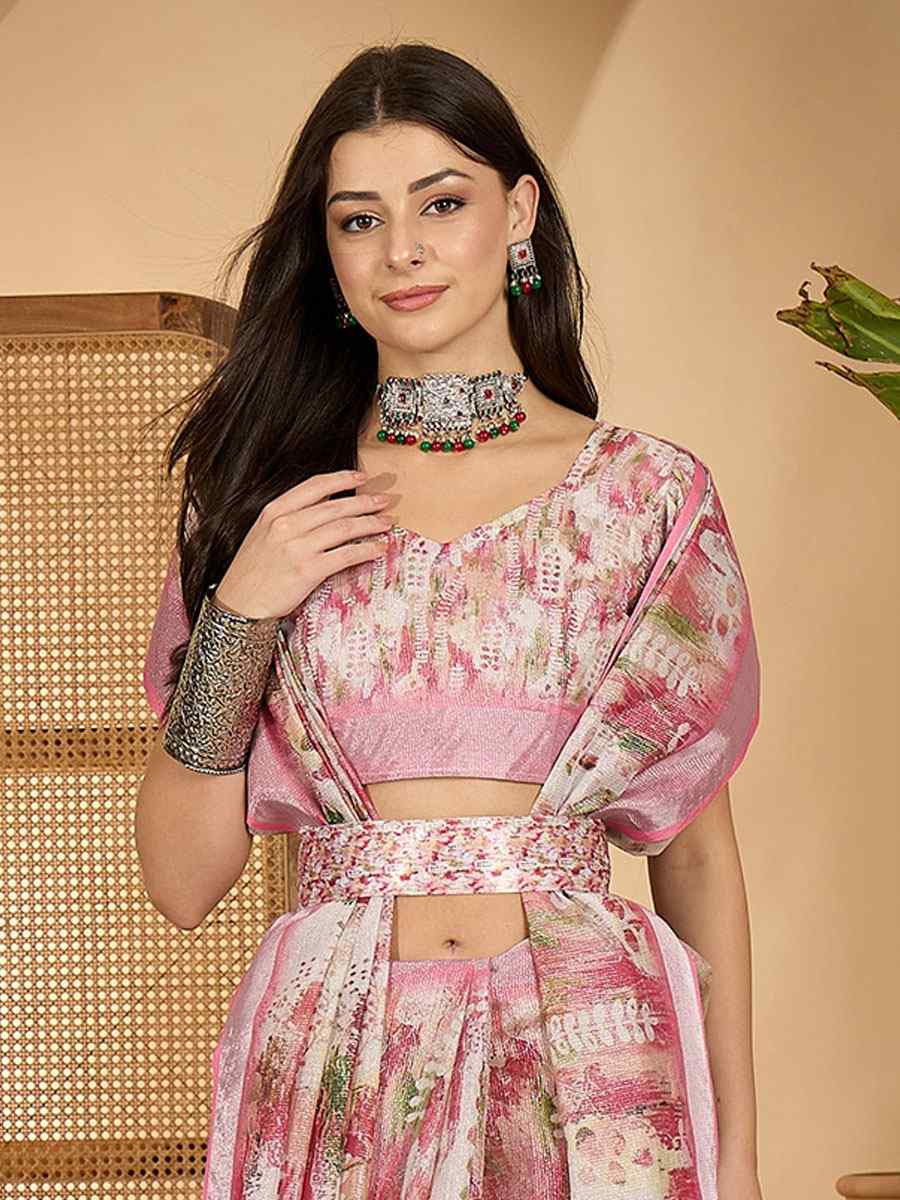 Pink Linen Zari Silver Printed Casual Reception Festival Wedding Fancy Classic Style Sarees