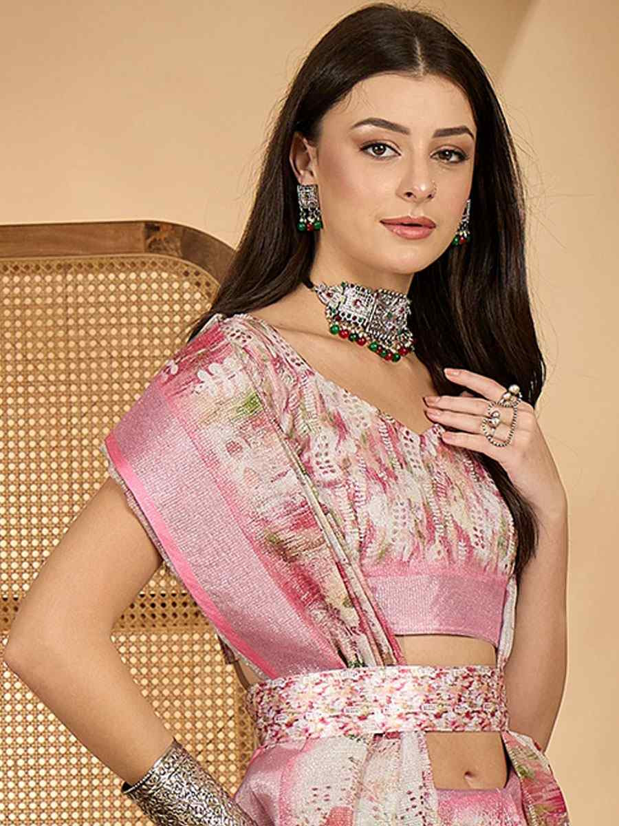 Pink Linen Zari Silver Printed Casual Reception Festival Wedding Fancy Classic Style Sarees