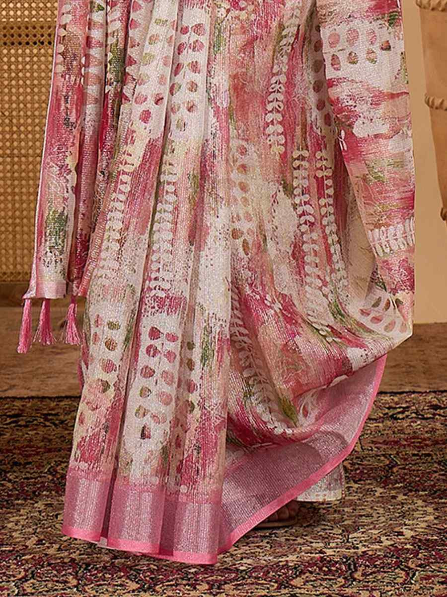 Pink Linen Zari Silver Printed Casual Reception Festival Wedding Fancy Classic Style Sarees