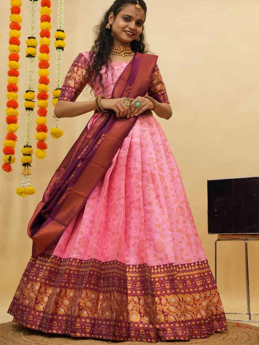 Pink Litchi Silk Printed And Handwoven Party Reception Wedding Lehenga Choli