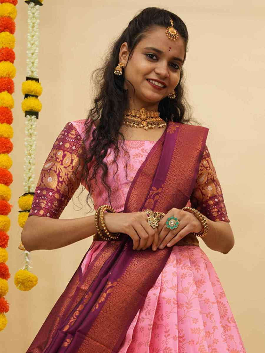 Pink Litchi Silk Printed And Handwoven Party Reception Wedding Lehenga Choli