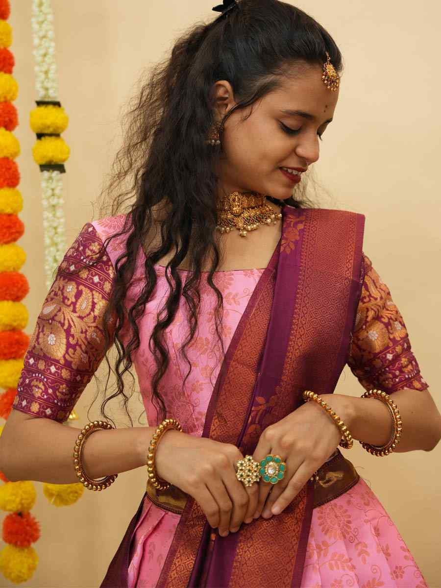 Pink Litchi Silk Printed And Handwoven Party Reception Wedding Lehenga Choli