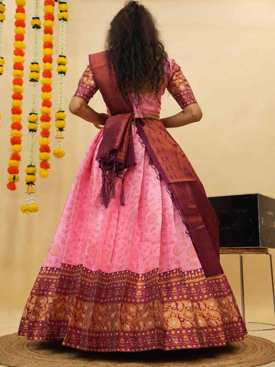 Pink Litchi Silk Printed And Handwoven Party Reception Wedding Lehenga Choli