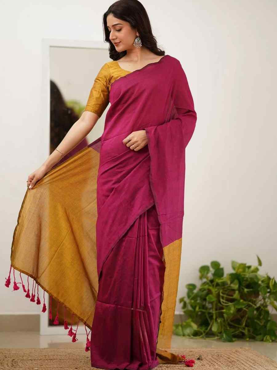 Pink Mal Cotton Plain Casual Party Festival Wedding Fancy Classic Style Sarees