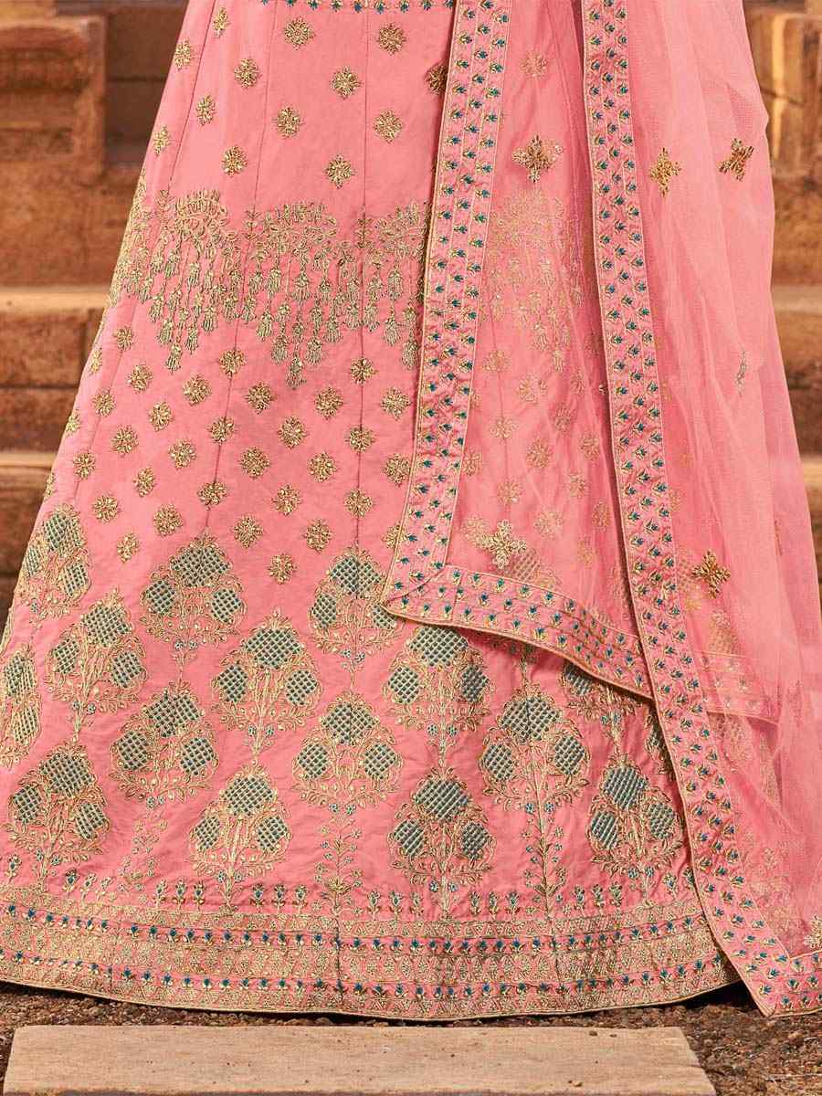 Pink Malai Satin Embroidered Wedding Mehendi Circular Lehenga Choli