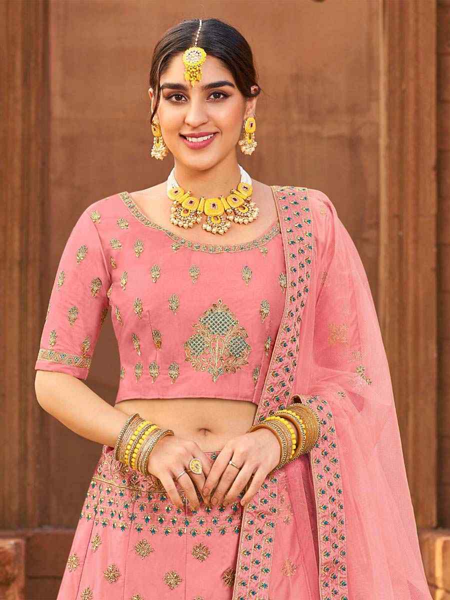 Pink Malai Satin Embroidered Wedding Mehendi Circular Lehenga Choli