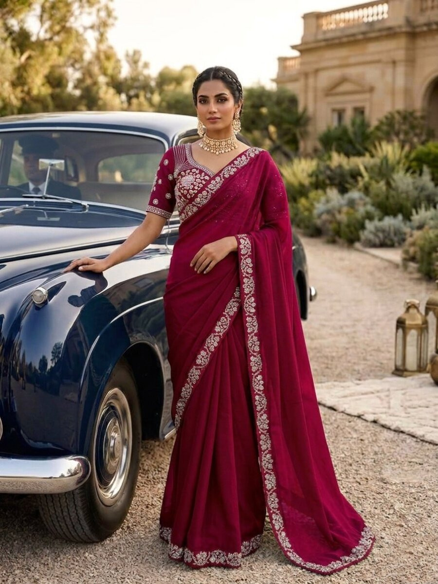 Pink Malay Satin Silk Embroidery Sequins Stone Work Wedding Party Festival Casual Heavy Border Sarees