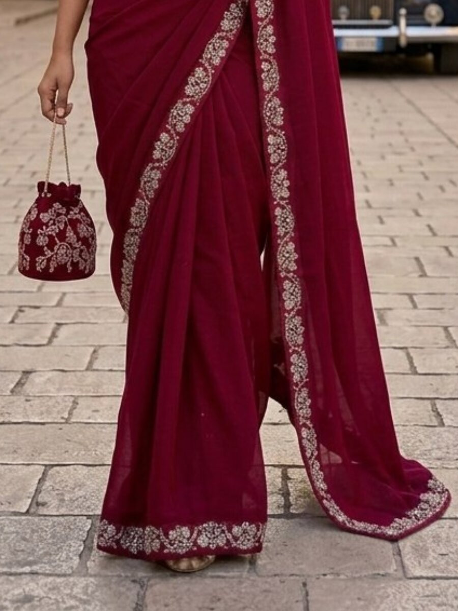 Pink Malay Satin Silk Embroidery Sequins Stone Work Wedding Party Festival Casual Heavy Border Sarees