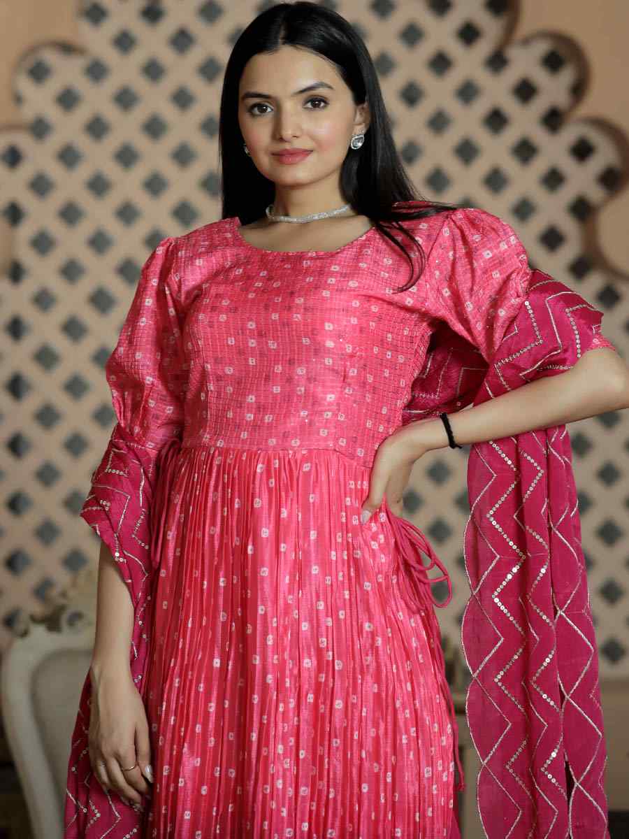 Pink Maslin Croche Printed Festival Casual Ready Palazzo Pant Salwar Kameez