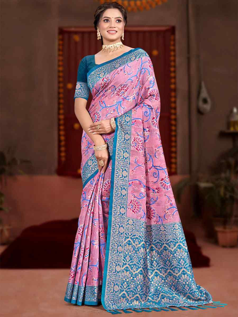 Pink Meenakari Cotton Silk Handwoven Casual Reception Festival Wedding Fancy Classic Style Sarees