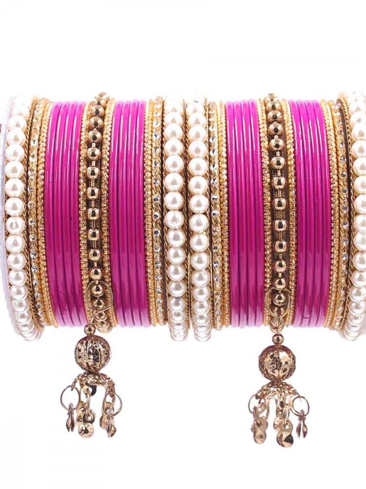 Pink Metal Festival Wear Stone Bangles