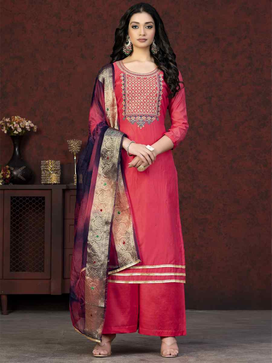 Pink Modal Chanderi Embroidered Casual Festival Pant Salwar Kameez
