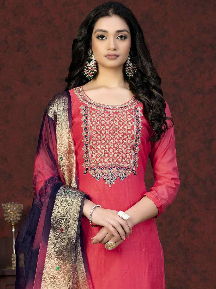 Pink Modal Chanderi Embroidered Casual Festival Pant Salwar Kameez