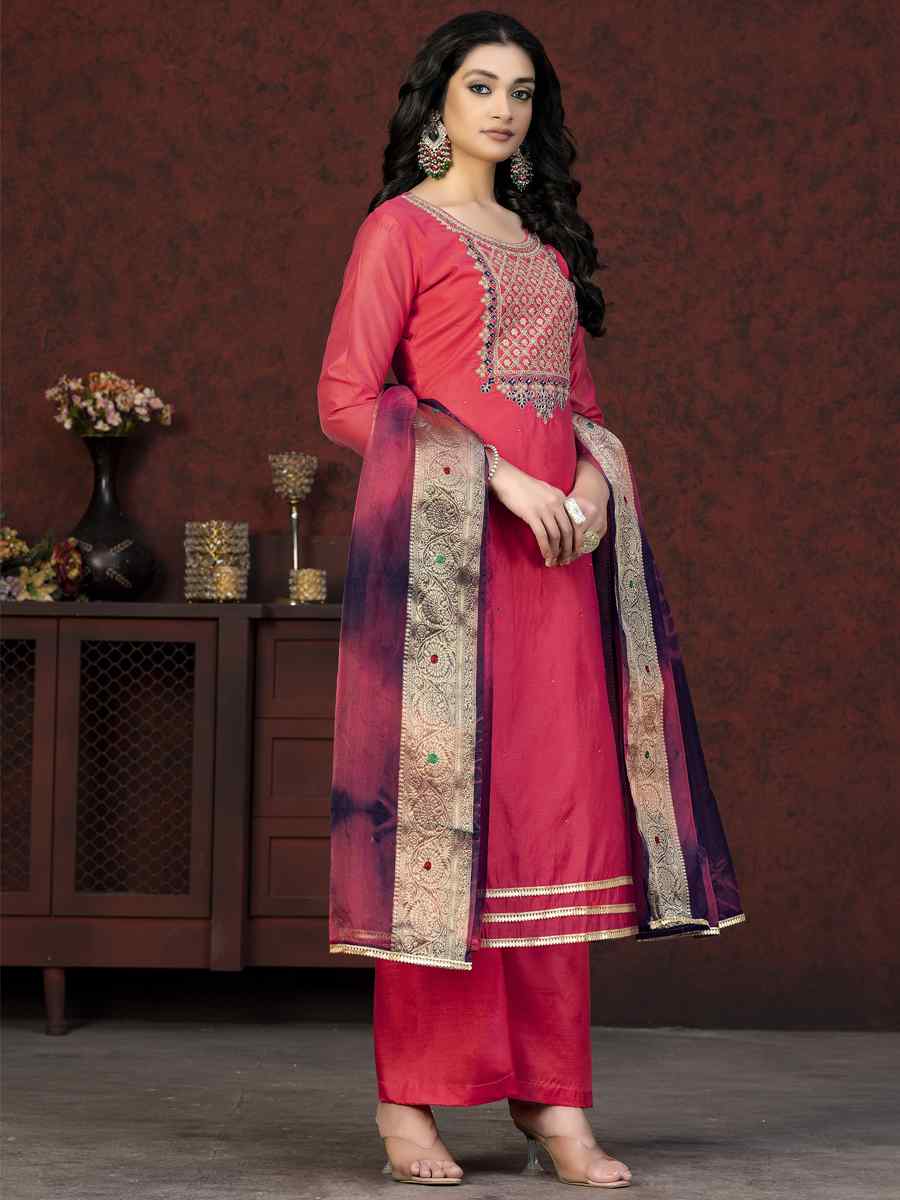 Pink Modal Chanderi Embroidered Casual Festival Pant Salwar Kameez