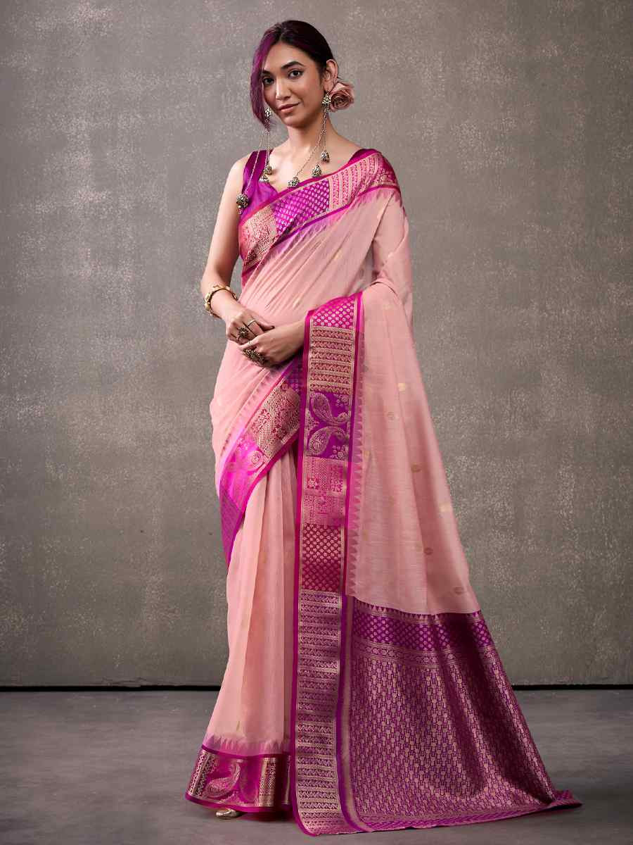 Pink Modal Cotton Handwoven Festival Wedding Fancy Heavy Border Saree
