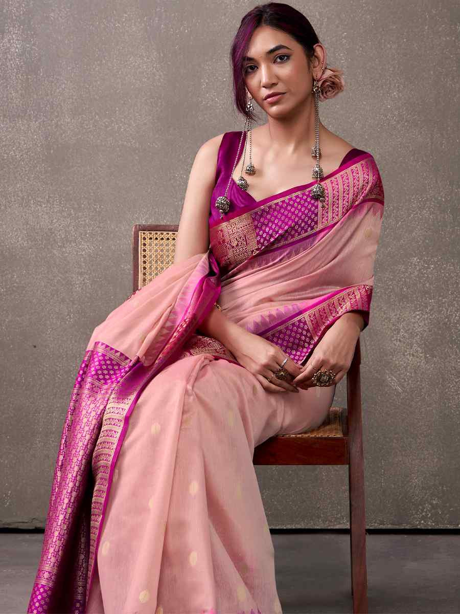 Pink Modal Cotton Handwoven Festival Wedding Fancy Heavy Border Saree