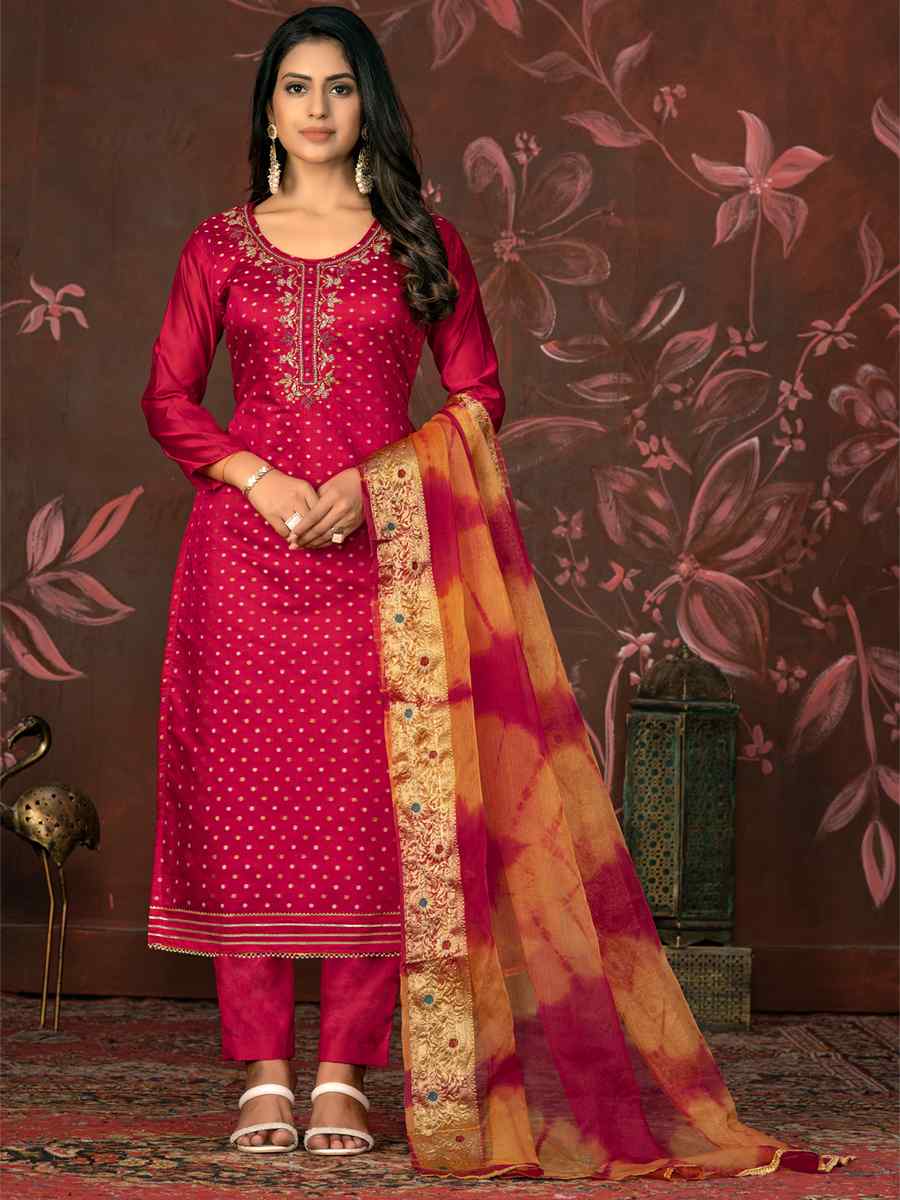 Pink Modal Cotton Jacquard Embroidered Casual Festival Pant Salwar Kameez