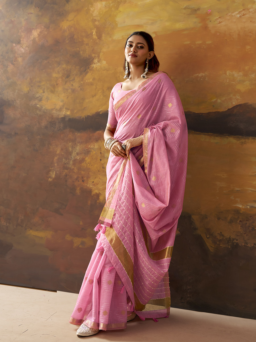 Pink Modal Cotton Zari Weaving Wedding Reception Party Festival Casual Heavy Border Sarees