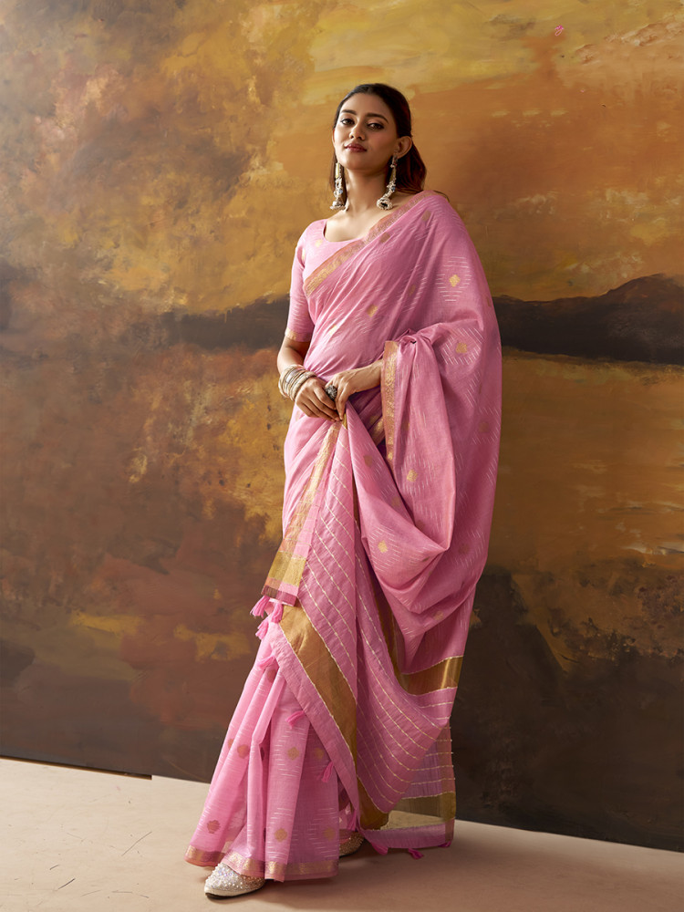 Image of Pink Modal Cotton Zari Weaving Wedding Reception Party Festival Casual Heavy Border Sarees