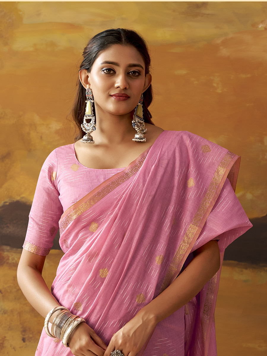 Pink Modal Cotton Zari Weaving Wedding Reception Party Festival Casual Heavy Border Sarees