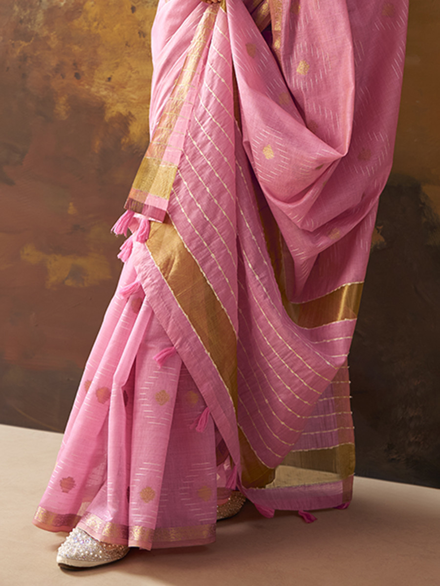 Pink Modal Cotton Zari Weaving Wedding Reception Party Festival Casual Heavy Border Sarees