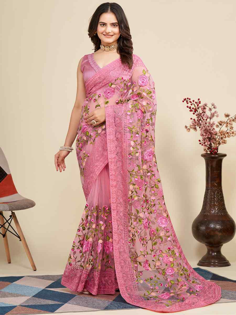 Pink Mono Banglory Silk Embroidered Reception Party Heavy Border Saree