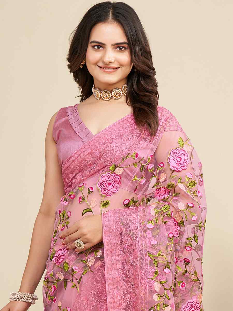Pink Mono Banglory Silk Embroidered Reception Party Heavy Border Saree
