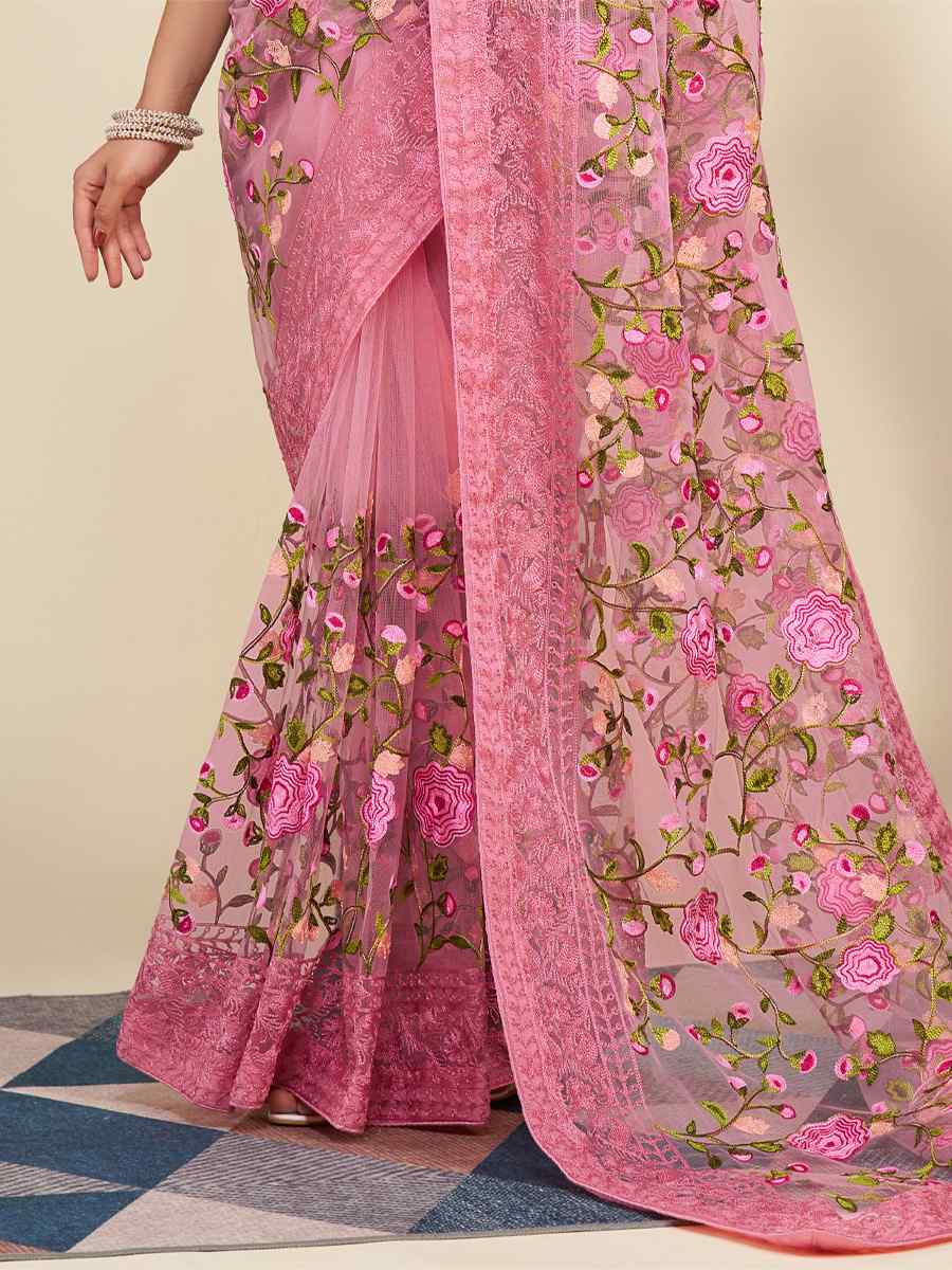 Pink Mono Banglory Silk Embroidered Reception Party Heavy Border Saree