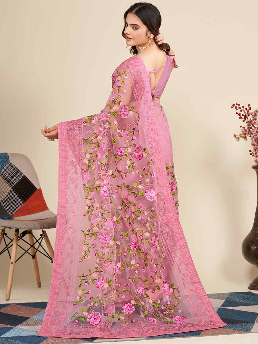 Pink Mono Banglory Silk Embroidered Reception Party Heavy Border Saree
