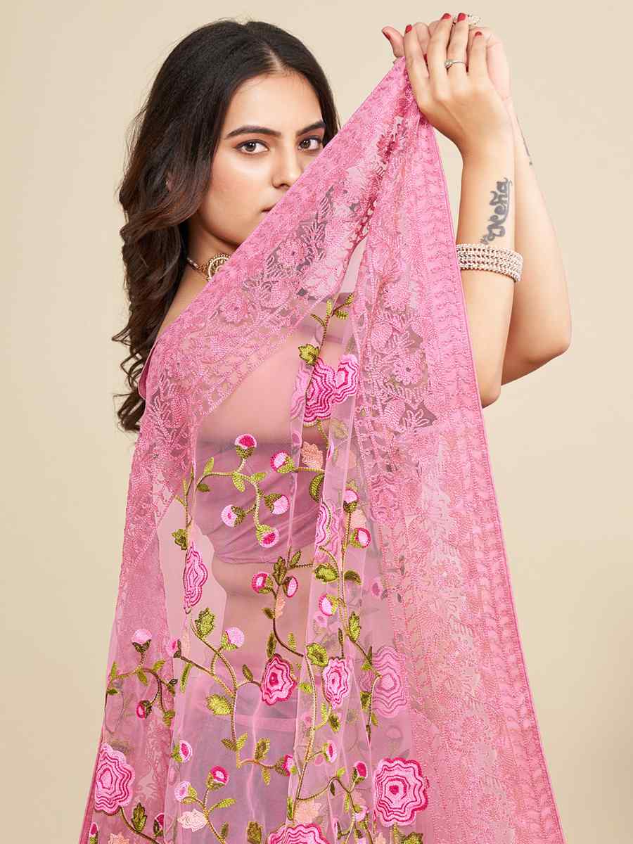 Pink Mono Banglory Silk Embroidered Reception Party Heavy Border Saree