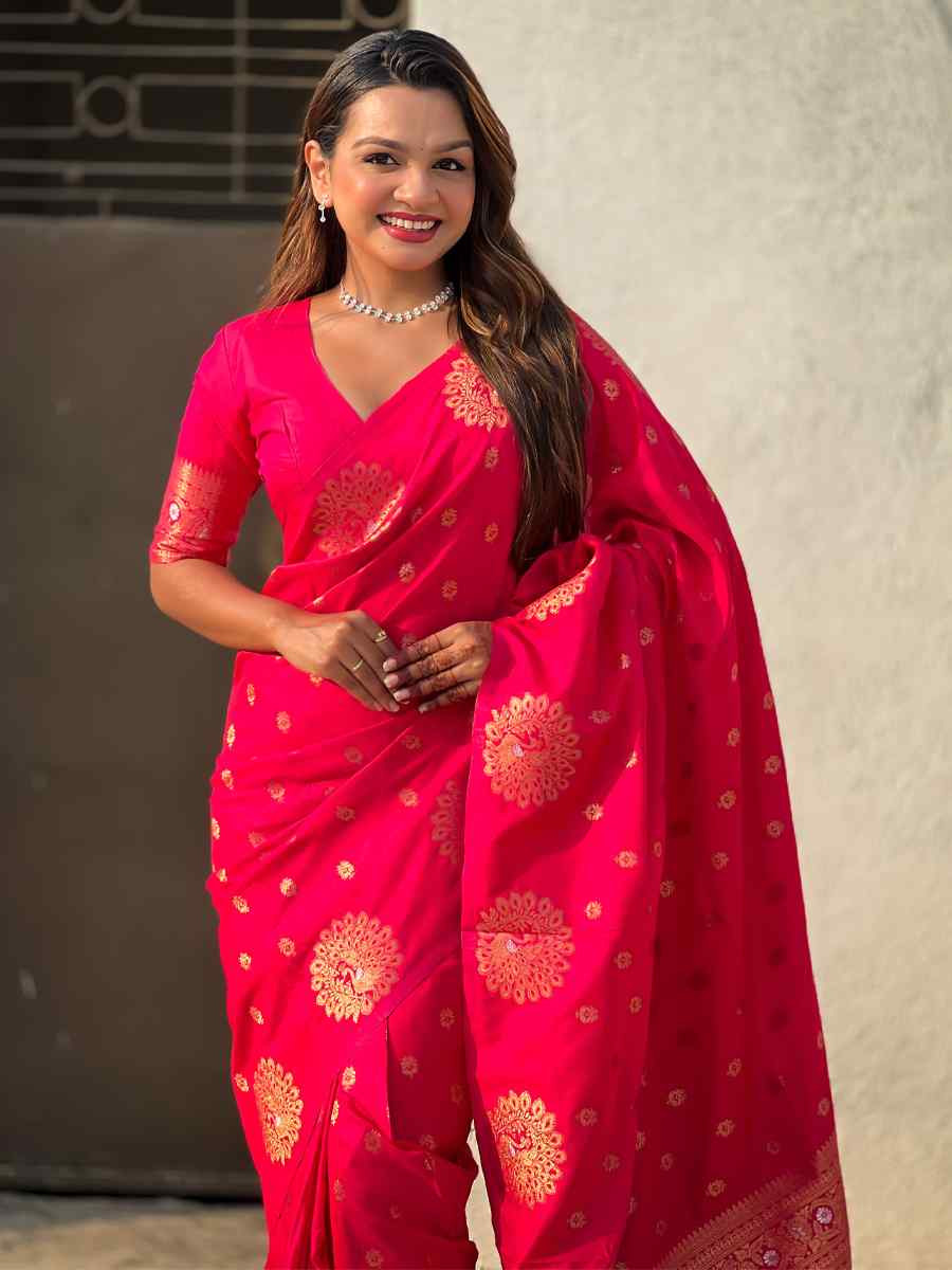 Pink Moonga Silk Handwoven Festival Wedding Heavy Border Saree