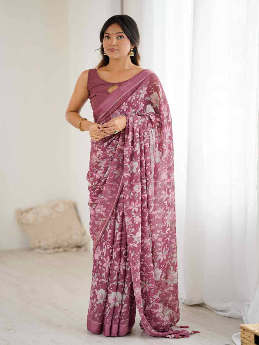 Pink Moss Satin Patta Silk Printed Casual Reception Festival Wedding Fancy Classic Style Sarees