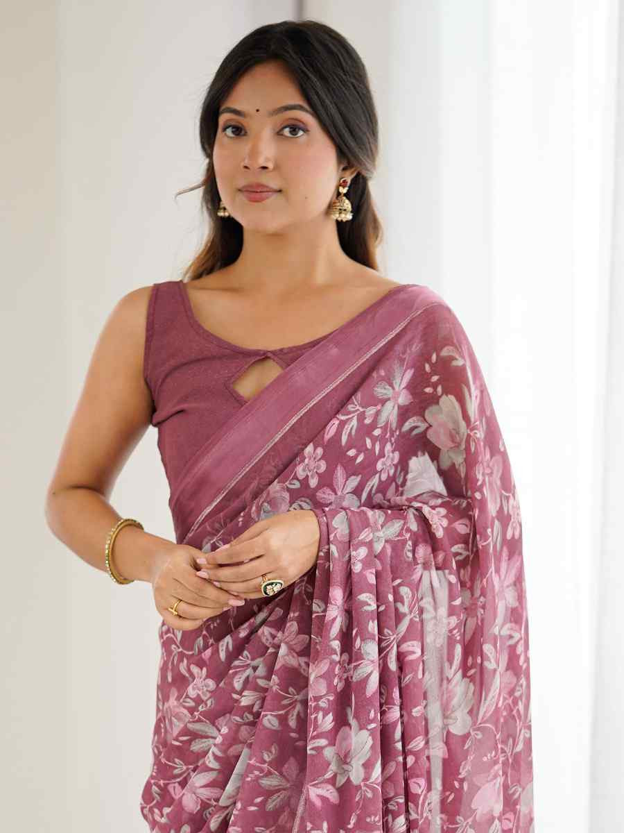 Pink Moss Satin Patta Silk Printed Casual Reception Festival Wedding Fancy Classic Style Sarees