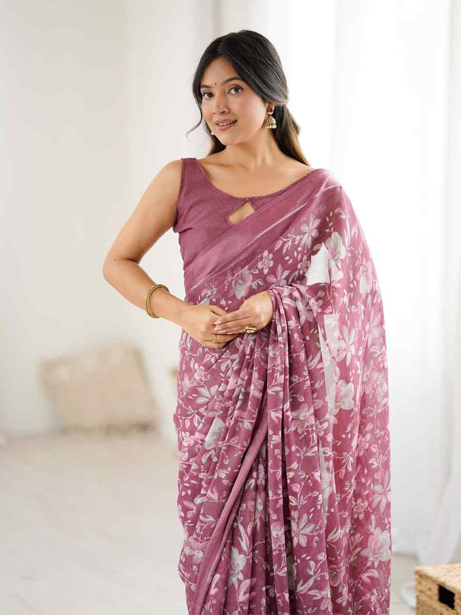 Pink Moss Satin Patta Silk Printed Casual Reception Festival Wedding Fancy Classic Style Sarees