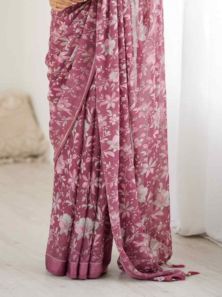 Pink Moss Satin Patta Silk Printed Casual Reception Festival Wedding Fancy Classic Style Sarees