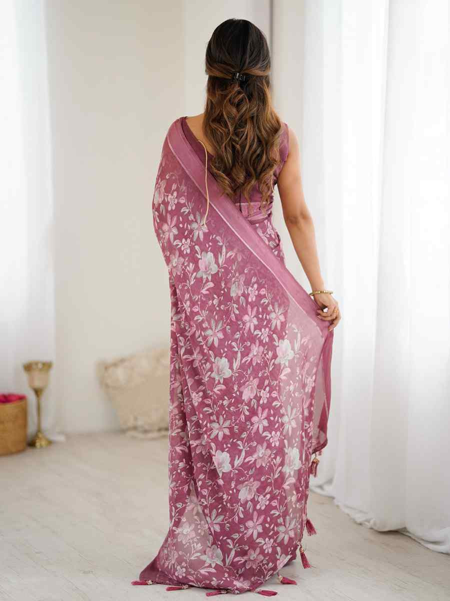 Pink Moss Satin Patta Silk Printed Casual Reception Festival Wedding Fancy Classic Style Sarees