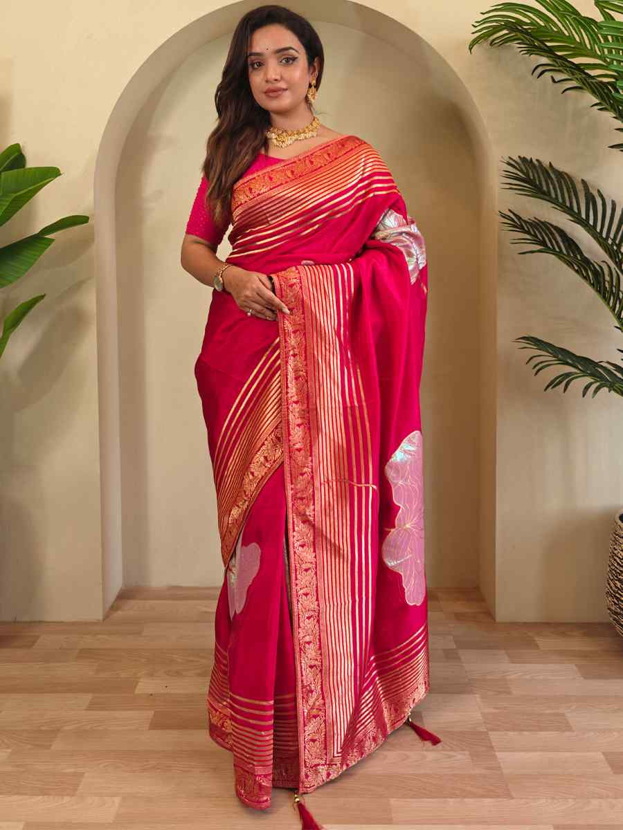Pink Munga Silk Handwoven Festival Wedding Fancy Heavy Border Saree