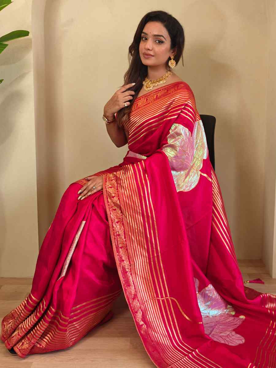 Pink Munga Silk Handwoven Festival Wedding Fancy Heavy Border Saree