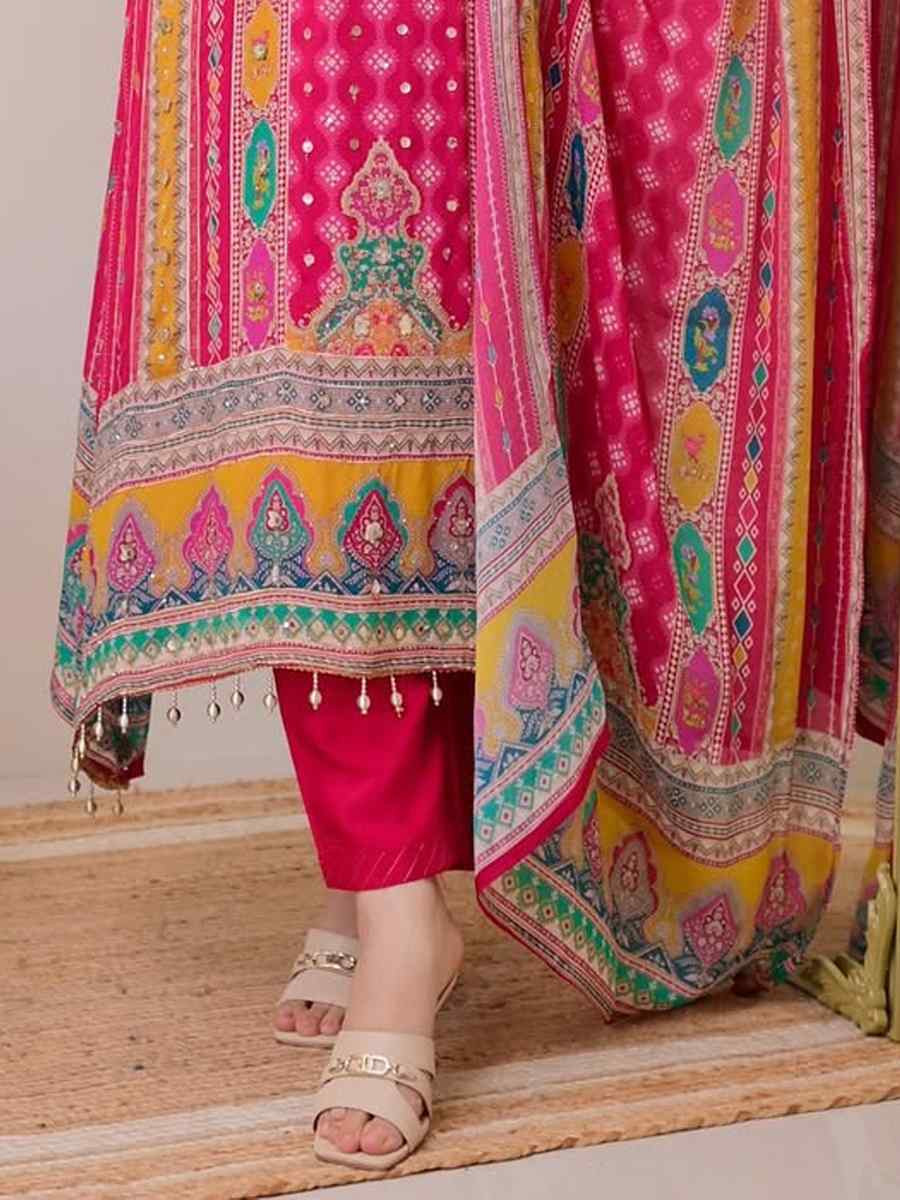 Pink Muslin Cotton Embroidered Festival Casual Pant Salwar Kameez