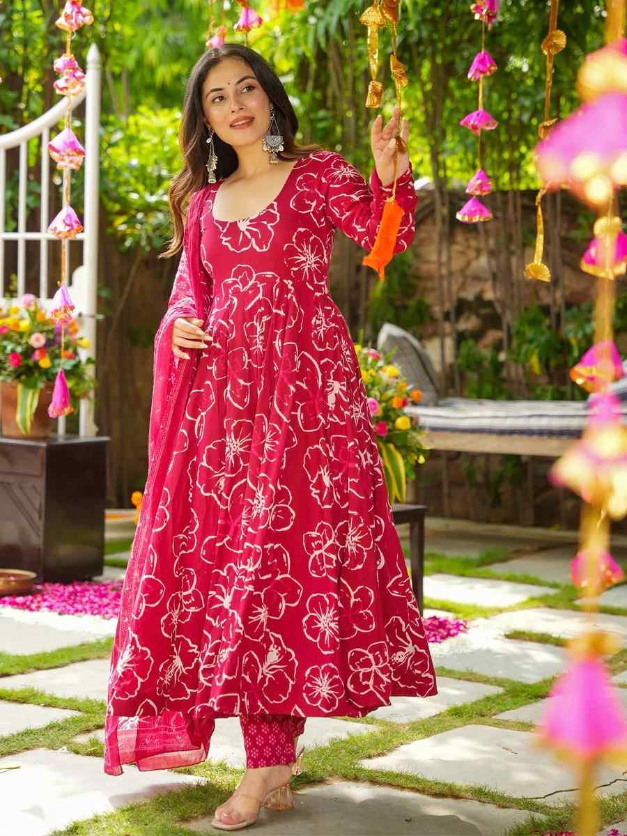 Pink Muslin Cotton Printed Party Wedding Festival Casual Ready Anarkali Salwar Kameez