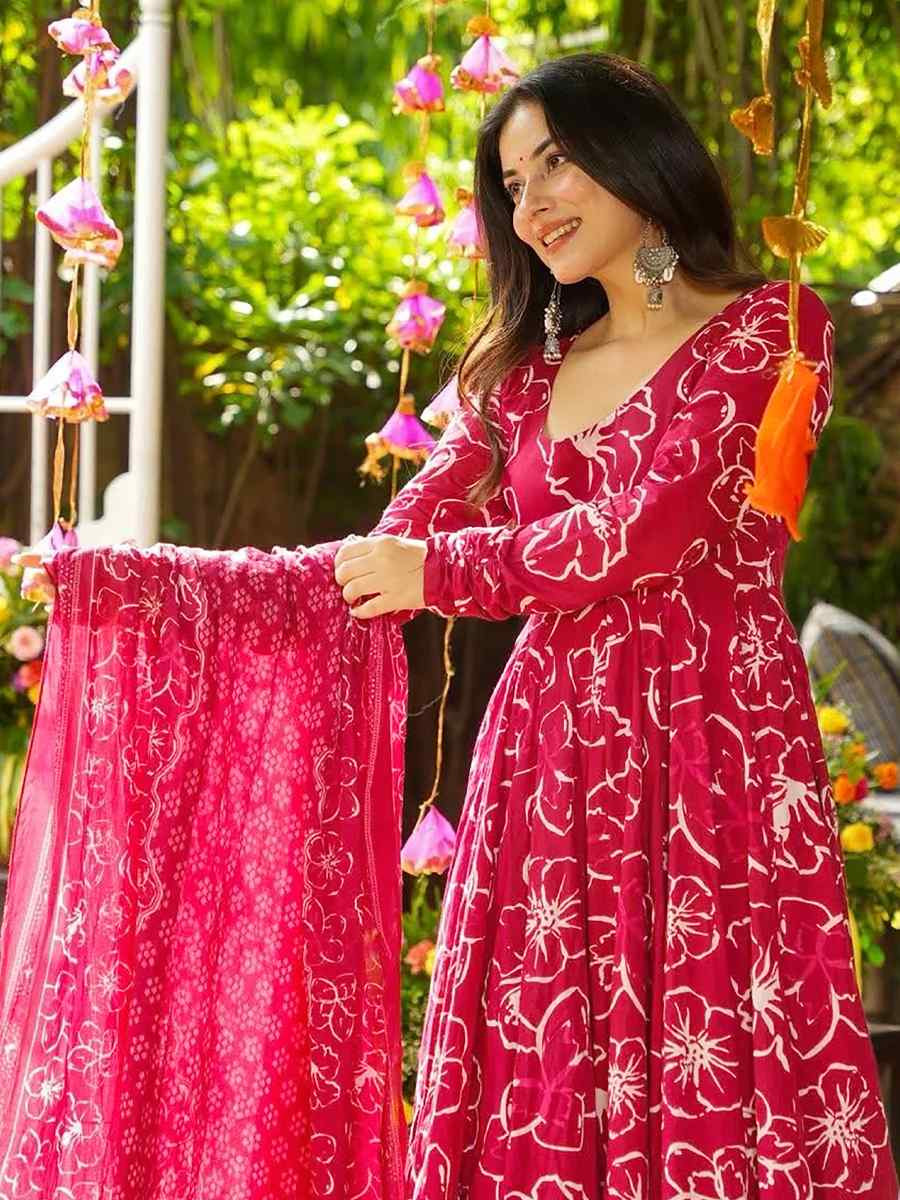 Pink Muslin Cotton Printed Party Wedding Festival Casual Ready Anarkali Salwar Kameez